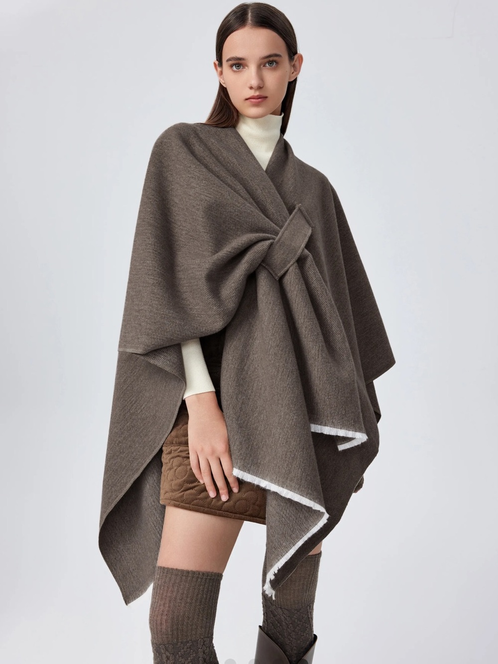 NWT CIDER Neutral Brown Wool Blend Wrap Poncho Shawl